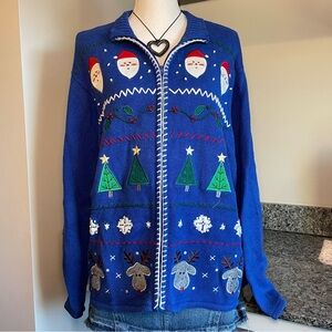 Festive Christmas Santa Reindeer Blue Embroidered XL Zip Up Sweater Jacket